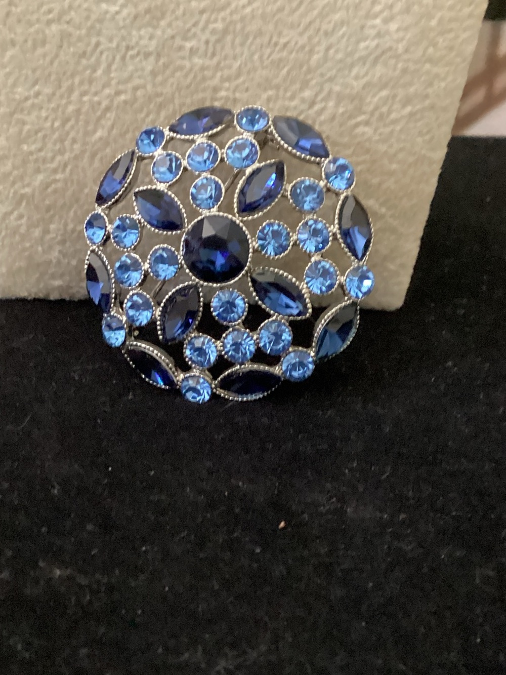 Monet Blue Crystal Floral Round Brooch